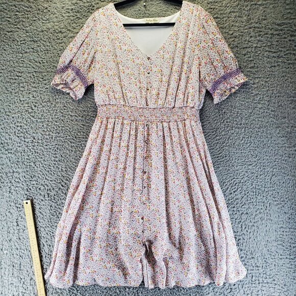 Indigo Rose Dress Women 2X Pink Floral Smocked Short Sleeve Rayon Midi - Picture 1 of 10